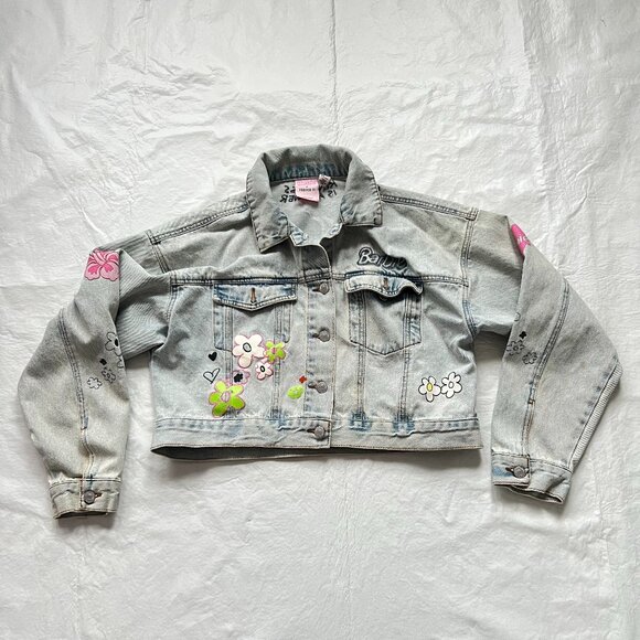 Barbie x Forever 21 denim jacket Medium distressed cropped floral painted - Picture 1 of 8